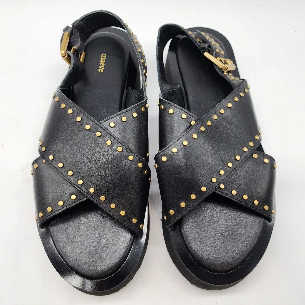 Anthropologie Maeve Chrissy Studded Platform Sandal EU 38 US 7-7.5 Black Leather